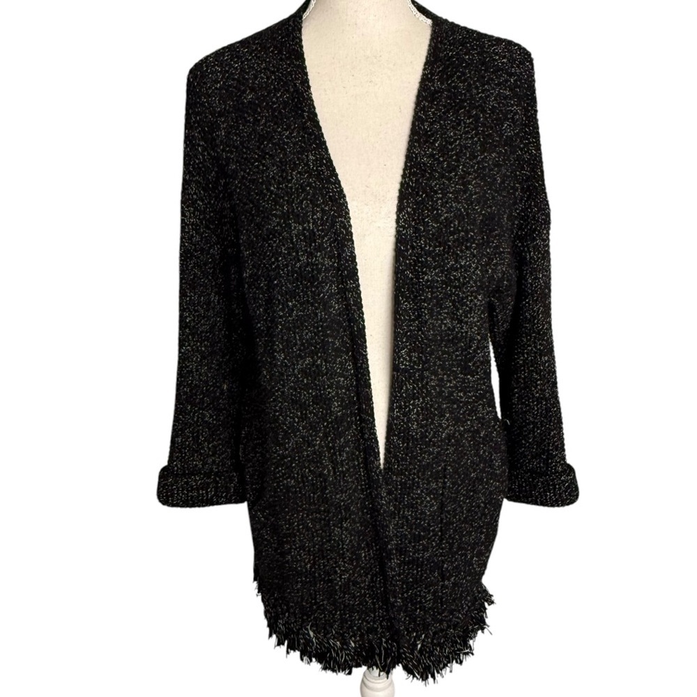Madewell Black White Marled Fringe Hem Cotton Cardigan Sweater E8151 XS